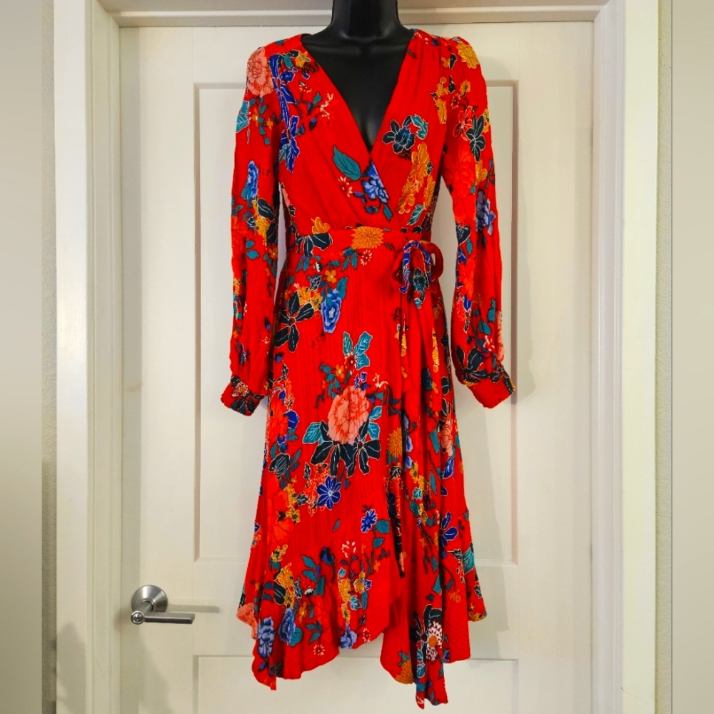 Boswell for Anthropologie, fit & flare, faux wrap dress - red floral, size 6